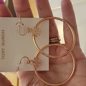 Tory Burch LOGO Rose Gold Hoop Earrings